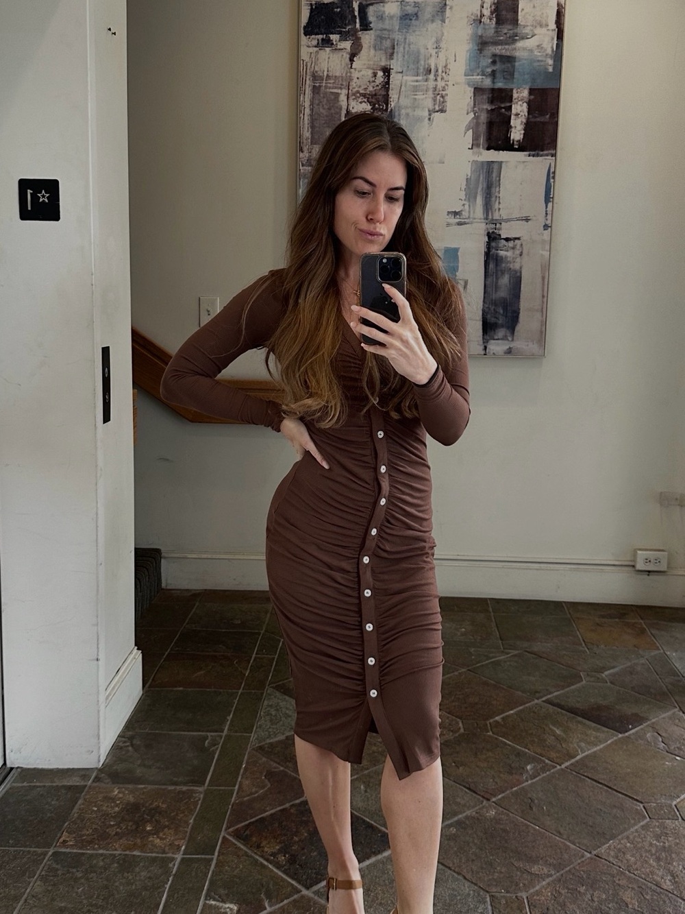 superdown Chocolate Brown Ruched Button-Front Long Sleeve Midi Dress